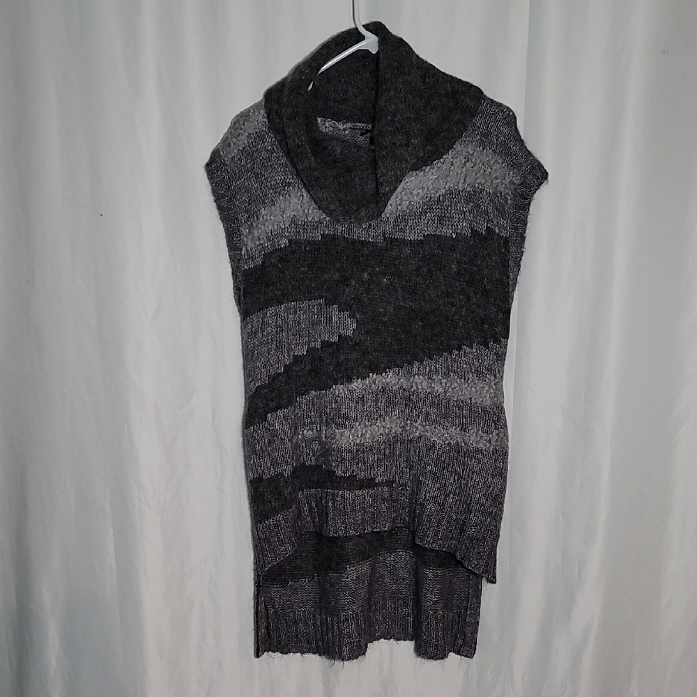Gray and Black Cowl Neck Sweater with Wavy Stripes